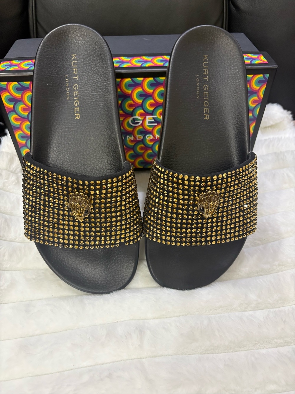 Kurt Geiger Black Slide Sandals with Gold Stud Accents
